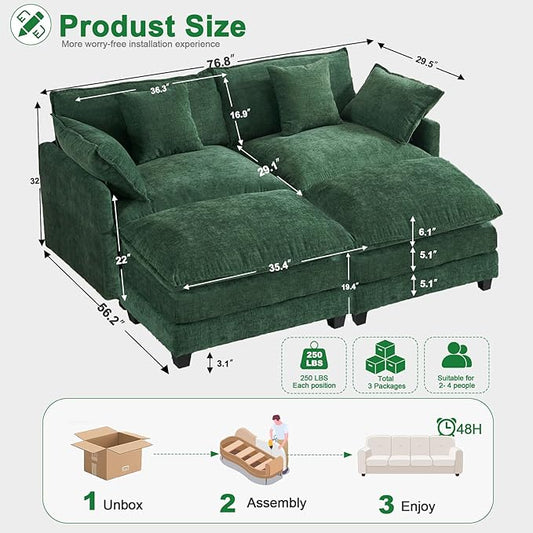 Cloud Chenille Sectional Sofa with 2 Ottoman|Modular Couch|FSC Solid Wood Frame|29.1" Deep Seat|Easy Assembly & 1YR Guarantee (Green, 77 Inch(U))