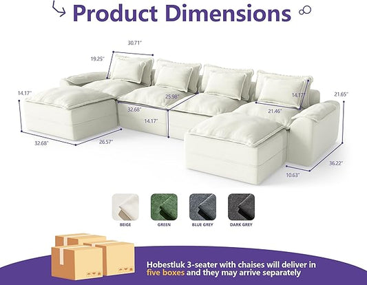Hobestluk 152" Cloud Modular Sectional Couch 4-Seater Sofa with Ottomans U Shaped Couch Deep Seat Sofa with Removable Cover for Living Room (Beige, 4-Seater Sofa with Two Ottomans)