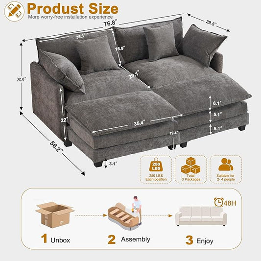 Expandable L-Shaped Sectional Sofa with Ottoman for Apartments, 77" Cloud Chenille Sofa, Create a U-Shape Layout with Optional 2nd Ottoman, Solid Wood Frame, Easy Assembly