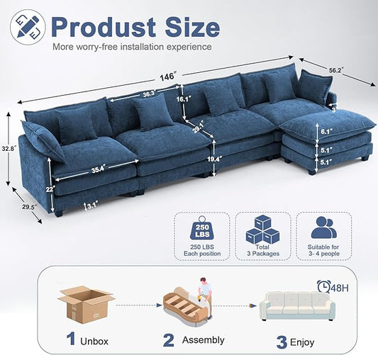 U-Shaped Cloud Chenille Sectional with 2 Ottomans, 146" Modular Sofa for Large Spaces, Ultimate Comfort with Deep Seats & Pillows, Solid Frame, 1YR Warranty