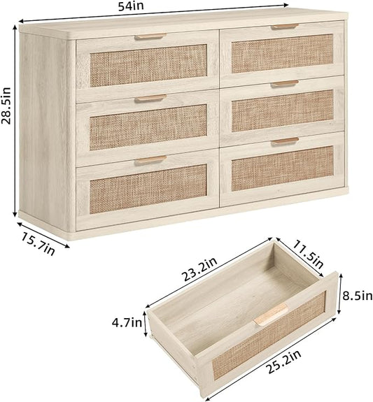 LEYAOYAO Rattan 6 Drawer Dresser for Bedroom, Boho 54" Wide White Dresser Chest of Drawers, Dressers TV Stand with Metal Handle, Storage Dressers Closet Organizer for Living Room, Hallway