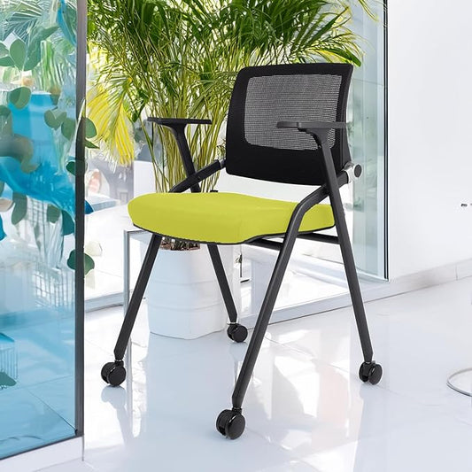 4 Pack Foldable Office Chairs with Wheels, Mesh Back, Arms and Portable - Folding Office Chairs for Conference Room Chair, Office Guest & Reception & Meeting Chair - (Green) 300 lbs.
