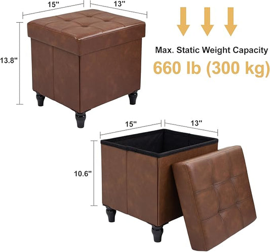 GLAXYFUR Storage Ottoman Bench, 15 Inches Foldable Ottoman Foot Stool with Legs, PU Leather Footrest for Living Room, Bedroom, Dorm (Brown)
