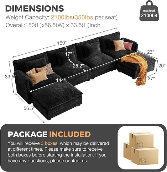 ELUCHANG 150" Modular Sectional Sofa, Comfy Deep Seat Cloud Couch, 6 Seater U Shaped Modern Sofa with Removable Cover for Living Room, Apartment, DIY Combination, Chenille Black