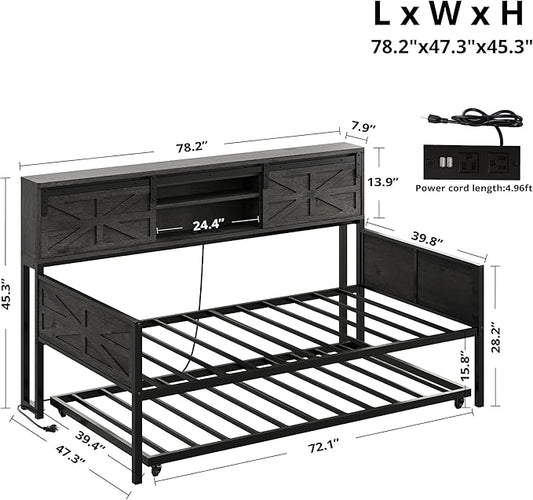 LIKIMIO Daybed with Trundle Bed, Sofa Bed Twin with Charging Station, with Storage Headboard & Strong Support, for Living Room, Bedroom and Guest Room, Charcoal Grey