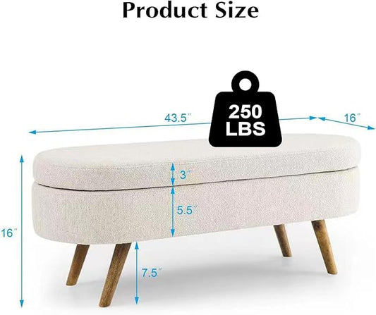 Storage Ottoman Bench 43" Ottoman Bench for Bedroom, Upholstered Boucle Fabric Footrest End of Bed with Safety Hinge Solid Wood Legs Foot Stool Storages Benches for Living Room Entryway, Beige