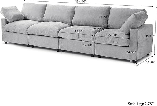 WJShome Modern Sectional Sofa 134 Inch 4-Seater Cloud Couch with Chenille Deep Seat Couches for Living Room, Bedroom and Apartment,Gray