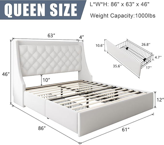 Queen Size Bed Frame with 4 Storage Drawers & Charging Station, Linen Upholstered Platform Bedframe, Button Tufted Wingback Headboard, Sturdy Wooden Slats, No Box Spring Needed, White