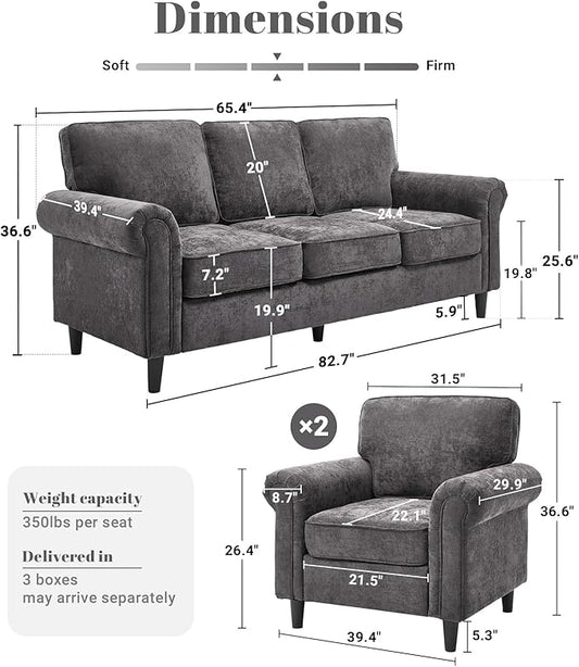 Kingfun 3 Seater Couch, Mid Century Modern Sofa Set with Rolled Arms and Deep Seats, Fluffy Comfort for Living Room, Apartment, Easy Assembly, Gray