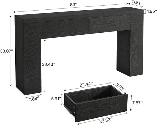 Tribesigns 63-Inch Wooden Console Table with 2 Hidden Drawers, Farmhouse Rustic Brown Sofa Table for Living Room, Hallway, Entrance, Foyer, Easy Assembly (Black)