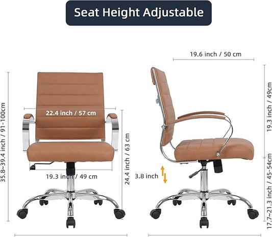 LANDSUN Home Office Chair Mid Back Desk Chair PU Leather Ribbed Executive Swivel Computer Chair with Wheels and Armrests Soft Padded Adjustable Height Conference Task Brown