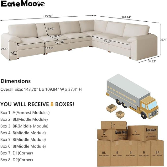 EASE MOOSE Leather Sectional Couch, Oversized Modular Sectional Sofas, Wide Deep Seat Modular Couch, Scratch Resistant Faux Leather Material, L Shaped Sofa for Big Spaces, Beige