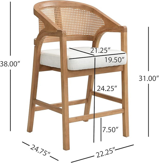 Christopher Knight Home Set of 2 Morley Wooden Counter Height Bar Stool, Kitchen Island Barstool with footrest, Curved Backrest Dining Chair, Soft Removable Cushions, Beige+Natural