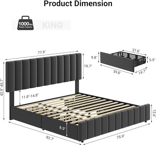 Garvee King Size Bed Frame with 4 Storage Drawers, Adjustable Height Headboard, Linen Upholstered Platform Bed Frame, No Box Spring Needed, Easy Assembly, Grey