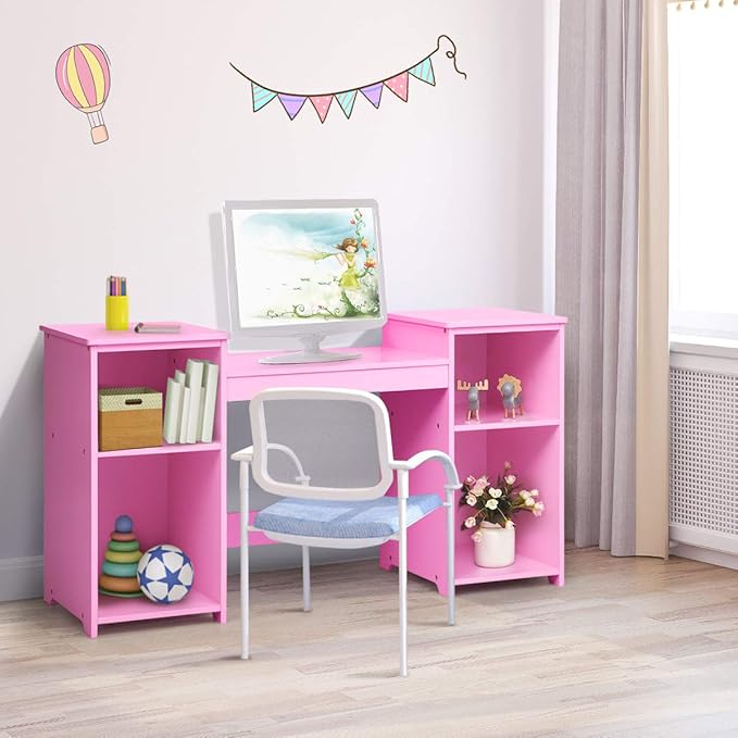 GOFLAME Kids Vanity Table, 2 in 1 Detachable Design with Dressing Table and Writing Desk, Princess Makeup Dressing Table with 4 Large Storage Shelves and 3-Panel Mirror for Kids and Girls (Pink)