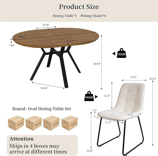Extendable Round Dining Table Set for 6 People, 43.3"-59.1" Extendable Kitchen Table with 6 Upholstered Chairs, Space Saving for Kitchen Dining Room (Walnut Table+6 U-Shaped White Chairs)