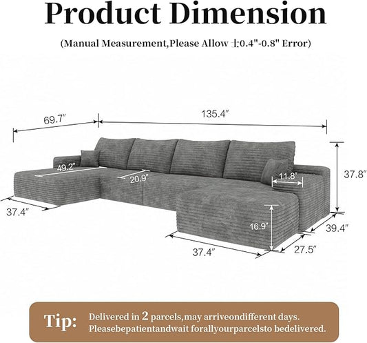 135.4" Large Cloud Modular Sectional Couch with Ottoman, Minimalist Upholstered Couches, Comfort U Shaped Sofa for Living Room,Deep Seat Corner Couch,No Assembly Required (Grey,Left Facing Chaise)