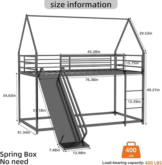 Twin Over Twin Bunk Bed with Slide,House Shaped Bedframe w/Ladder, Heavy Duty Low Bunk Bed Frame with Guardrail,No Box Spring Needed & Easy Assemble(Black)