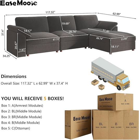 EASE MOOSE Oversized Modular Sectional Sofa, Extra Large L Shape Sectional Cloud Couch,Comfty Deep Modular Sofa with Ottoman,for Living Room,Dark Grey