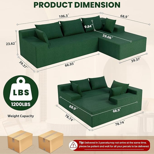 LEVELEVE 107" Cloud Sectional Couch with Deep Seat,Modern Modular Sofa with L-Shape Chaise,No Assembly Required, Upholstered Couches for Living Room Bedroom(Green,Right Facing Chaise)