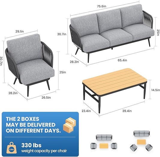 6 Piece Outdoor Patio Furniture Set, Outdoor 5-Seat Sofa with Coffee Table, Waterproof Thick Cushion Patio Conversation Set, All Weather Outdoor Couch Set for Deck, Lawn, Balcony, Porch