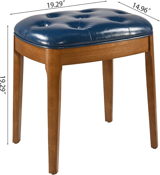 MODERION Vanity Bench Stool with Upholstered, Modern Luxury Wood Stool ,Ottoman Shoe Bench for Living Room, Vanity, Entryway, 19.3"L x 14.9"W x 19.3"H Easy Assembly, Beeswax Leg & Blue Seat FD-HNY-BL