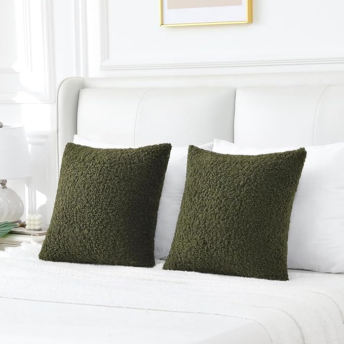 FUTEI Olive Green Throw Pillow Covers 16x16 Inch Set of 2,Furry Faux Fur Teddy Boucle Textured Cushion Covers,Soft Fluffy Decorative Pillow Case,Home Decor for Couch Bed Living Room Office Car