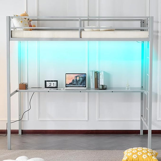 Karl home Twin Metal Loft Bed with Desk, with Power Outlet and LED Lighted, Safety Guardrail & Ladder, Space Saving, No Noise, No Box Spring Needed, Grey