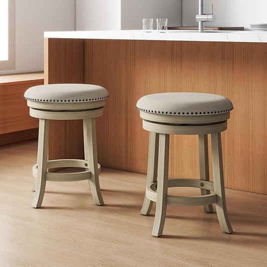 COSTWAY 360° Swivel Bar Stools Set of 2, 24-inch Height Upholstered Round Barstools with Wooden Frame, Seat and Footrest, Backless Solid Wood Counter Stools for Kitchen Island Bistro Pub, Beige