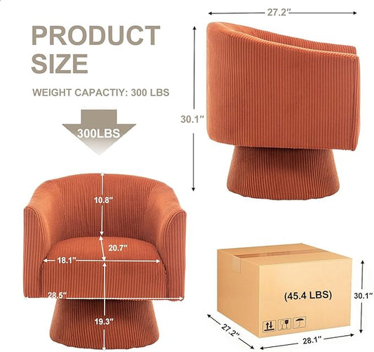 Swivel Accent Chair,Modern 360° Swivel Barrel Chair, Corduroy Upholstered Single Sofa for Living Room, Bedroom(Orange)