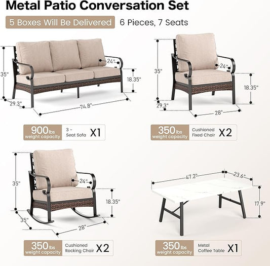 6 Piece Metal Outdoor Patio Furniture Set, Patio Conversation Set 1 3-Seater Sofa, 2 Fixed Sofa, 2 Rocking Sofa with 5.75" Thick Cushion & Coffee Table Black Backyard Furniture, Beige