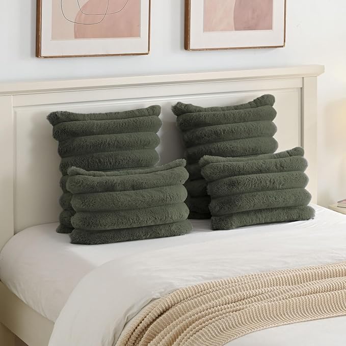 FUTEI Olive Green Decorative Throw Pillow Covers 18x18 Inch Set of 2, Square Soft Faux Rabbit Fur Big Striped Cushion Cover,Home Decor for Couch Sofa Bed Living Room