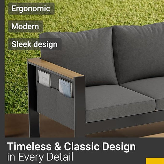 Corinth 2-Piece Aluminum Patio Conversation Set - Outdoor, Porch, Balcony, Yard, Gardern, All Weather, 1 Ergonomic Design 3 Seater Sofa and 1 Coffee Table, Grey