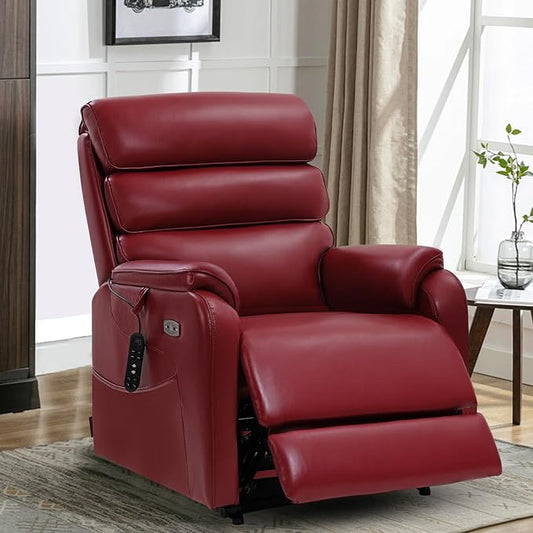 EONIX Wide Lay Flat Power Lift Recliner Chair for Elderly, Heavy Duty Oversized Breathable Faux Leather Lift Chairs Recliner Sofa with Heat and Massage and Charging Ports, Burgundy