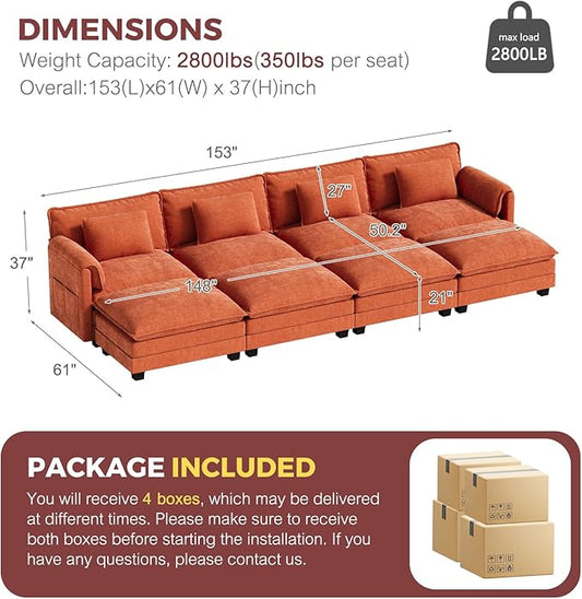 ELUCHANG Oversized 153" Modular Sectional Sofa, Comfy Deep Seat Cloud Couch, Sleeper Sofa Bed, 8 Seat Modern Couch with Removable Cover for Living Room, Apartment, DIY Combination, Chenille Terracotta