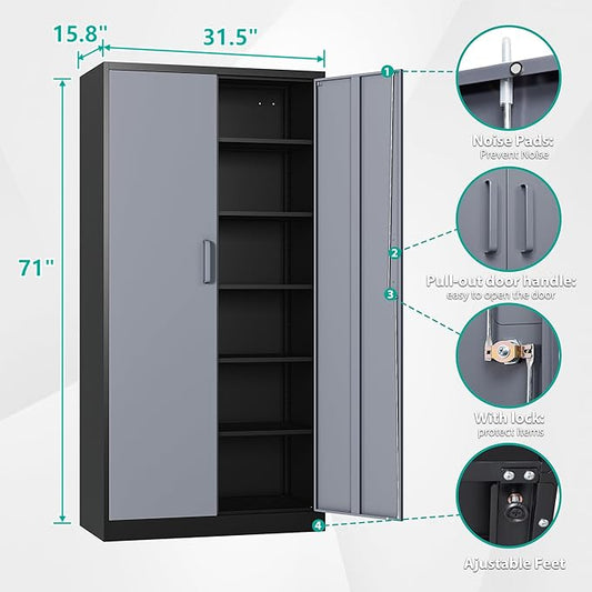 SISESOL Storage Cabinet with Doors and Shelves,71" Metal Storage Cabinet with Lock,5 Adjustable Shelf, Steel Lockers for Home Office,School,Shop,Garage Tool Utility Cabinets