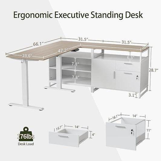 BANTI Executive L Shaped Standing Desk, 66 Inch with 2-Drawer File Cabinet, Electric Height Adjustable Stand up Desk, Home Office Computer Desk with Shelves, Light Walnut Top