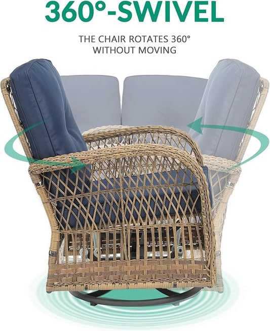 VIVIJASON 7-Piece Outdoor Patio Wicker Conversation Sets, All Weather Outdoor Rattan Furniture Set Includes Glider Loveseat, 2 Glider Rocker Chairs, 2 Swivel-Gliders Chairs, 2 Coffee Table, Navy Blue