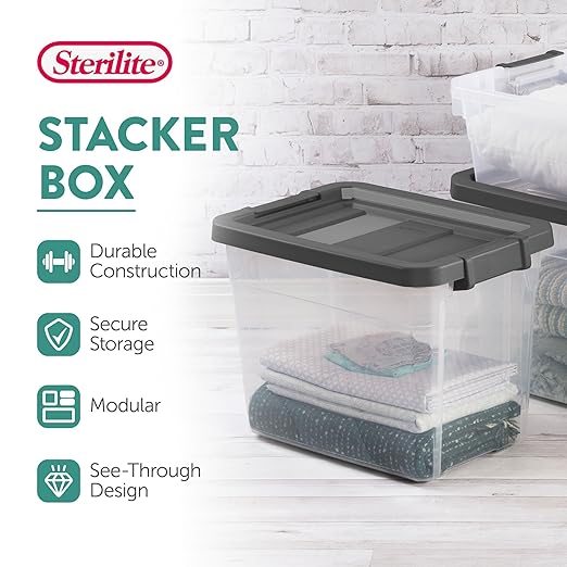 Sterilite 24-Pack Modular Stacker Box, Durable Clear Plastic Storage Bins with Latching Lids, 30 Quart - Stackable Organizing Container Boxes for Closet, Bathroom, and Office