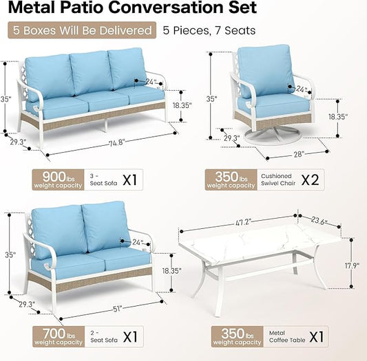 6 Piece Metal Outdoor Patio Furniture Set, Patio Conversations Sets 3-Seater Sofa, 2-Seater Sofa, 2 Swivel Chair with 5.75" Thick Cushion & Coffee Table White Backyard Furniture, Blue