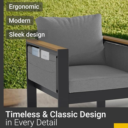 Corinth 3-Piece Aluminum Patio Conversation Set - Outdoor, Porch, Balcony, Yard, Gardern, All Weather, 2 Comfortable Sofa and 1 Coffee Table, Grey
