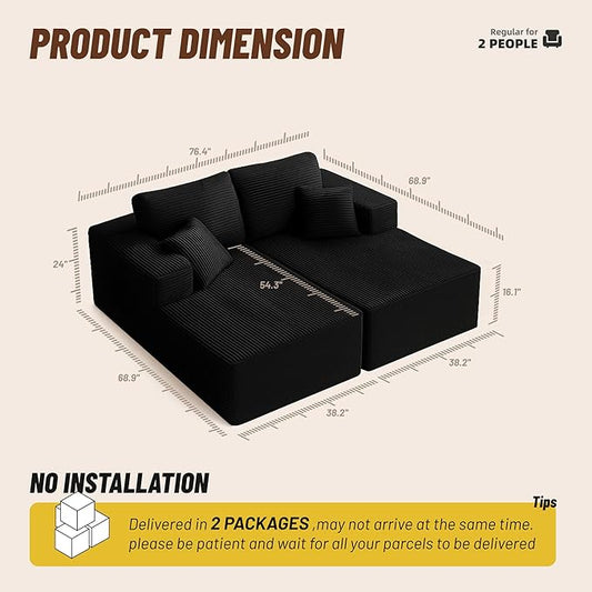 Chaise Lounge Chair, Boneless Couch for Living Room and Bedroom, Sleeper Couches Reading Chairs, Corduroy, Black