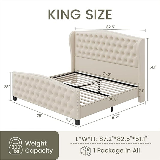 LARMACE King Size Bed Frame Velvet Upholstered Platform Bed with Wingback Headboard & Footbaord, Deep Button Tufted Bed Frame with Wood Slats Support, No Box Spring Needed, Beige