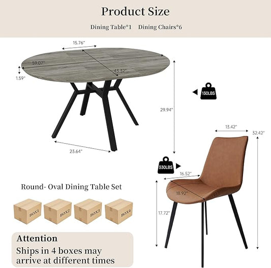 Extendable Round Dining Table Set for 6 People, 43.3"-59.1" Extendable Kitchen Table with 6 Upholstered Chairs, Space Saving for Kitchen Dining Room (Grey Table+6 Brown Chairs)