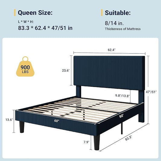 Allewie Queen Size Upholstered Bed Frame with Vertical Channel Tufted Headboard, Soft Corduroy Fabric Platform Bed, Strong Wooden Slats Support, Easy Assembly, No Box Spring Needed, Dark Blue