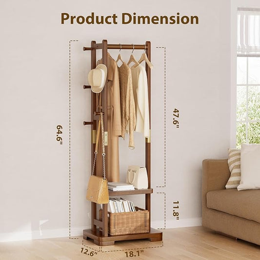 Solid Wood Clothes Rack Coat Rack with 2 Shelves & 4 Hooks for Hanging Clothes Garment Wallets Hats, Clothing Rack Coat Rack Freestanding Hall Tree with Storage for Hallway Bedroom Living Room