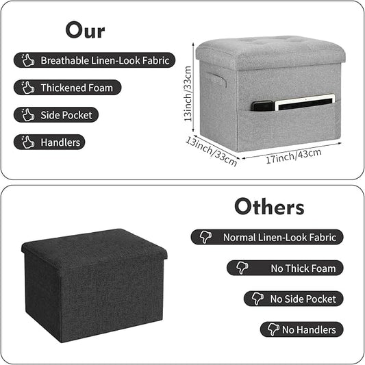 Folding Storage Ottoman, Linen Footstool Bench with Thicker Foam Padded Seat. Ottoman Foot Rest for Living Room, Bedroom, Home Office, Coffee Table. 350lbs Load Capacity, 17x13x13in, Light Gray