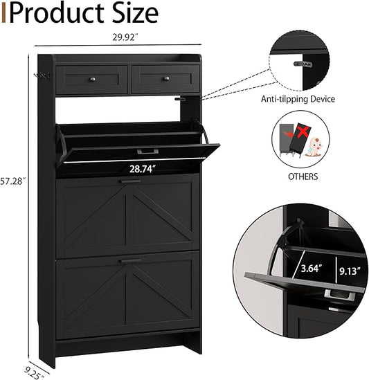 Shoe Cabinet with 3 Flip Drawers & 2 Top Drawers, 57" Tall Freestanding Narrow Wooden Shoe Storage Organizer for Entryway, Hidden Slim Shoe Rack for Front Door Entrance, Hallway, Living Room, Black
