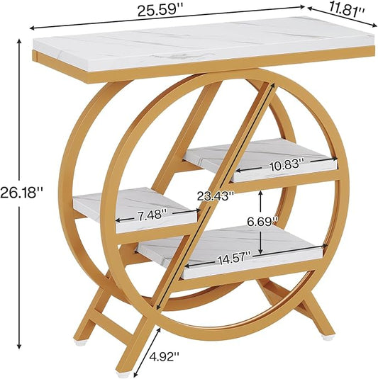 Tribesigns End Table for Living Room, 3-Tier Faux Marble Side Table with Storage, Wood Narrow Sofa Side Table with Geometric Metal Frame, Modern Nightstand and Bedside Table for Bedroom, Gold & White