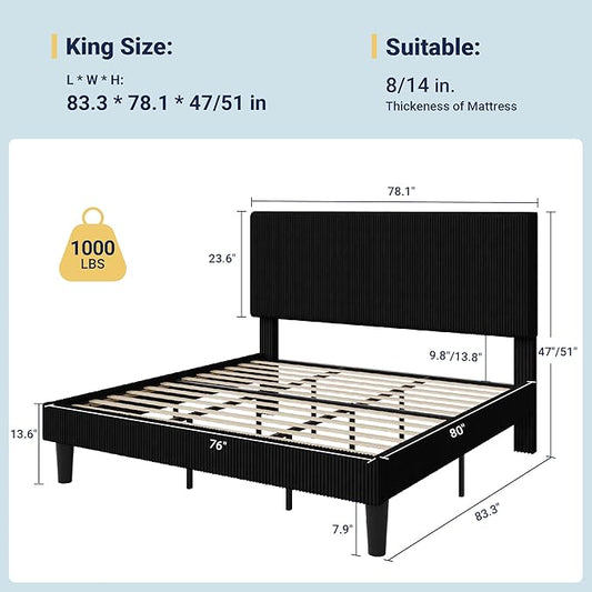 Allewie King Size Upholstered Bed Frame with Vertical Channel Tufted Headboard, Soft Corduroy Fabric Platform Bed, Strong Wooden Slats Support, Easy Assembly, No Box Spring Needed, Black
